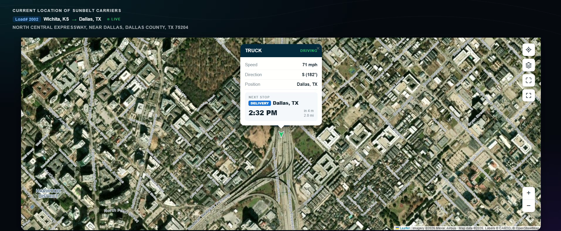 Flow live tracking — a carrier's real-time location, speed, heading and delivery ETA on the map